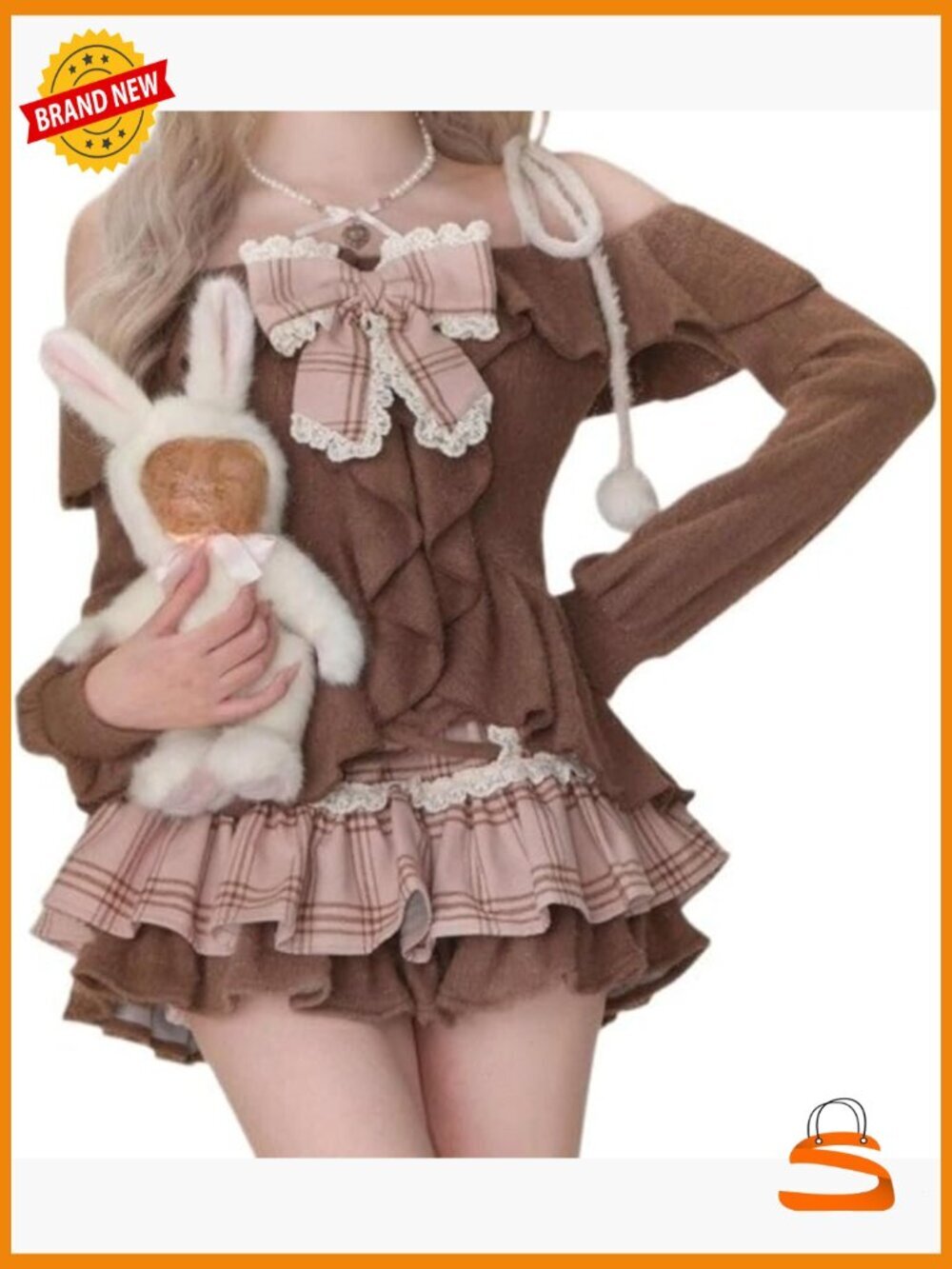 Y2K Off Shoulder Sweater and Skirt Set with Bow Detail